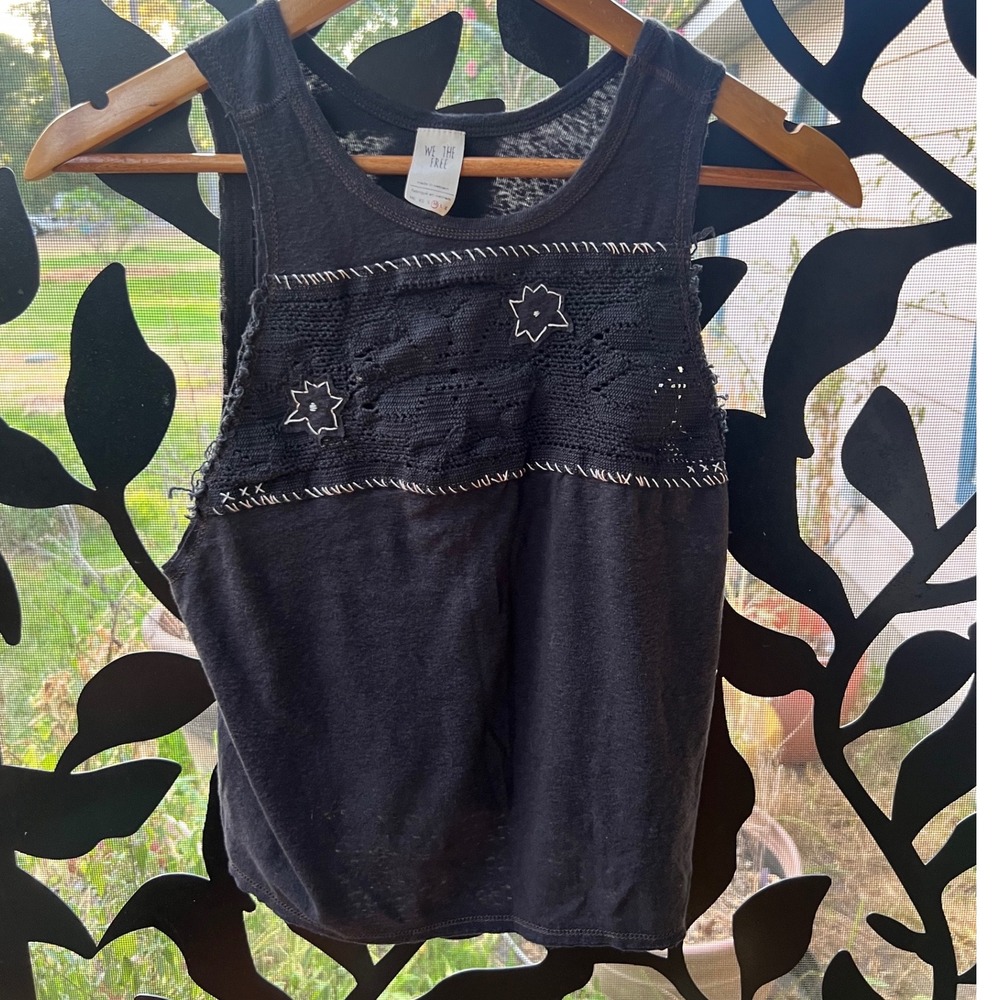 We The Free People Black Crochet Star Whipstitch Tank Top Medium Boho Distressed